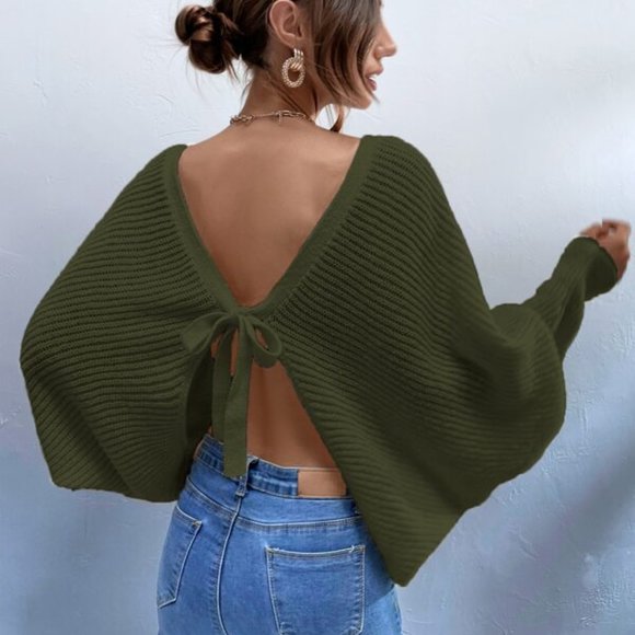 Sweaters - boho babe Olive batwing tie back sweater top